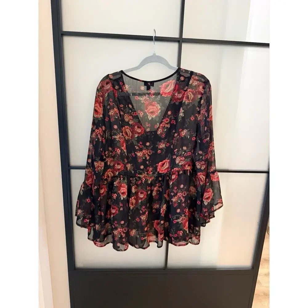Torrid Top Blouse Black Sheer Red Rose Babydoll Chiffon Floral Plus Size 2 2X